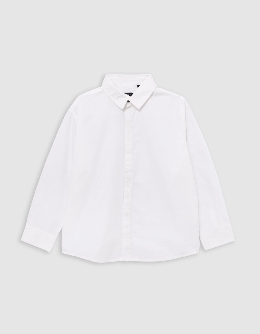 camicia bianca da bambino fulmine ricamato sulla patta dei bottoni