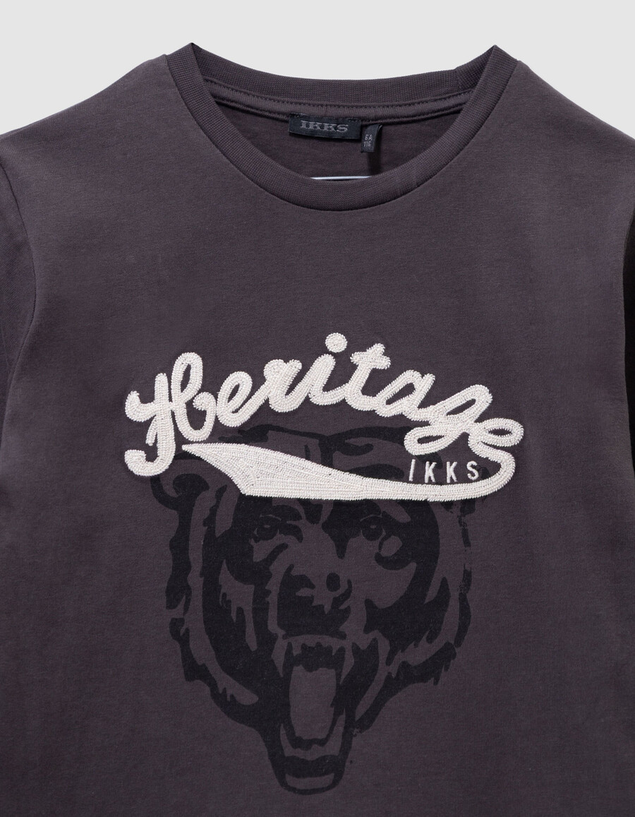 maglietta grigia da bambino con slogan ricamato immagine di orso