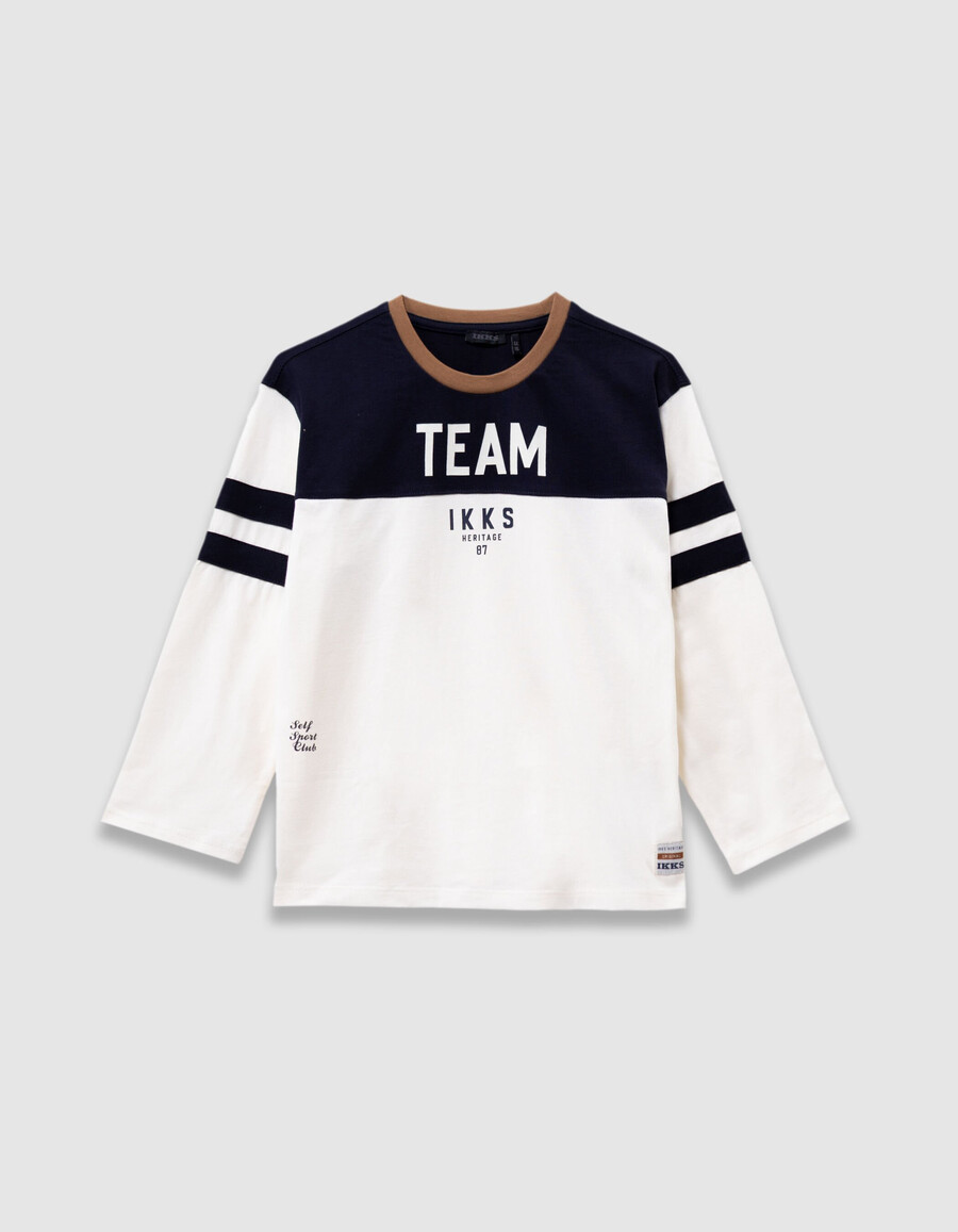 t-shirt da bambino in cotone biologico blu navy e bianco collo cammello