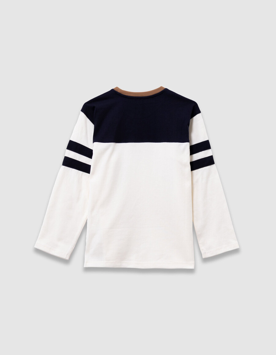 t-shirt da bambino in cotone biologico blu navy e bianco collo cammello