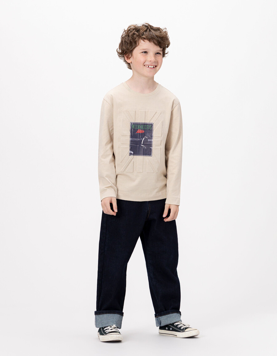 maglietta beige a maniche lunghe per bambini con bandiera in rilievo