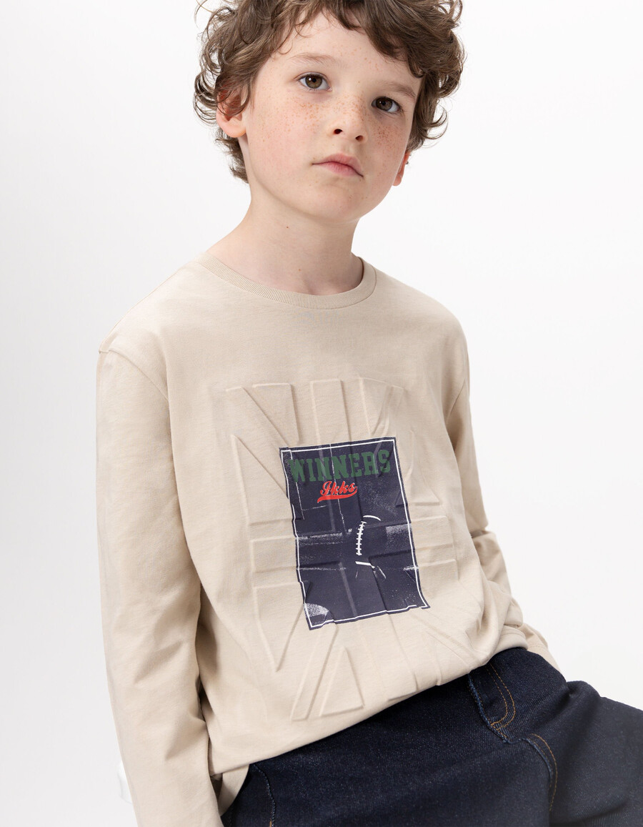 maglietta beige a maniche lunghe per bambini con bandiera in rilievo