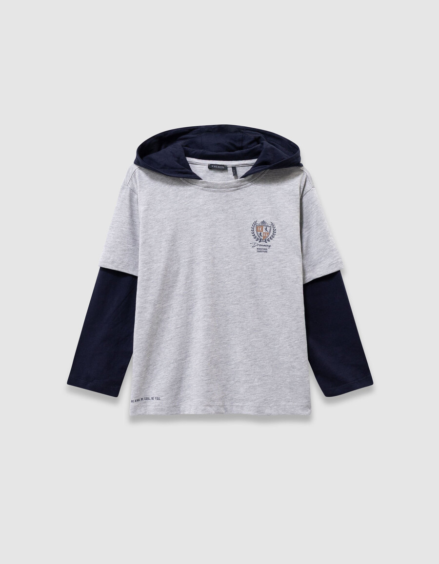 t-shirt grigia in cotone biologico per bambini maniche trompe loeil