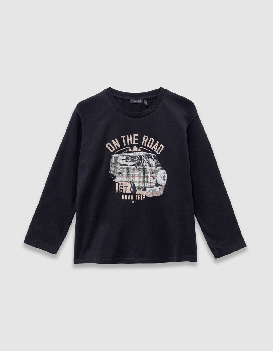 t-shirt nera in cotone biologico per bambini con immagine di furgone stampata