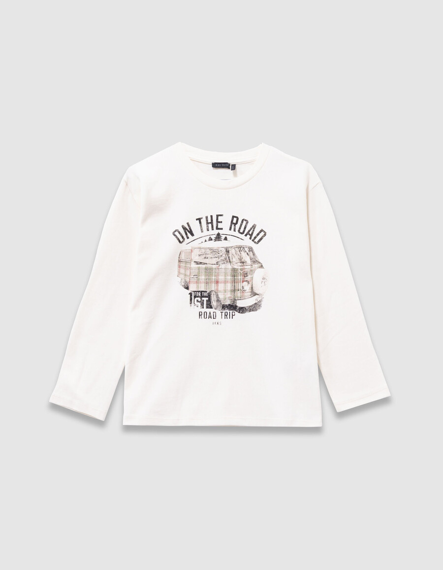 t-shirt bianca in cotone biologico per bambini con immagine di furgone stampata