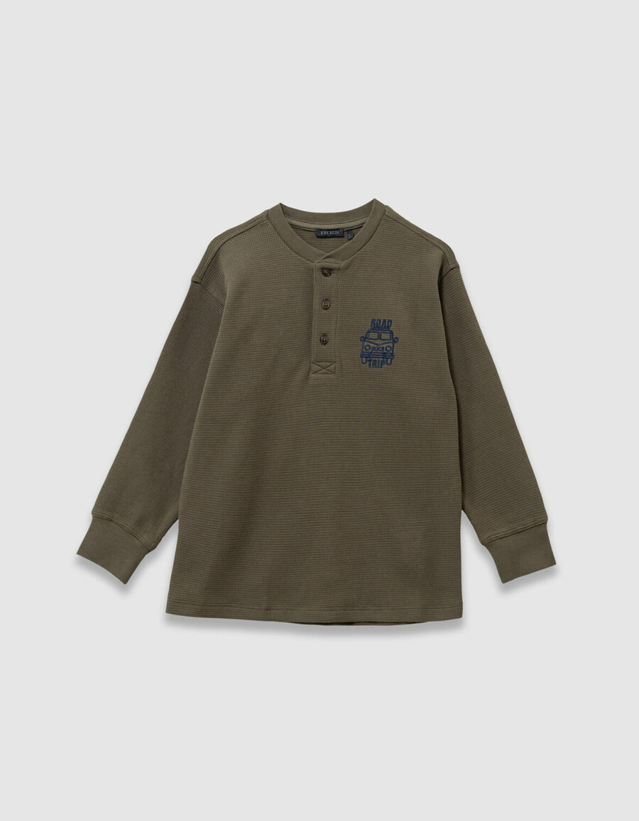 t-shirt a nido dape color cachi da bambino con ricamo davanti e dietro