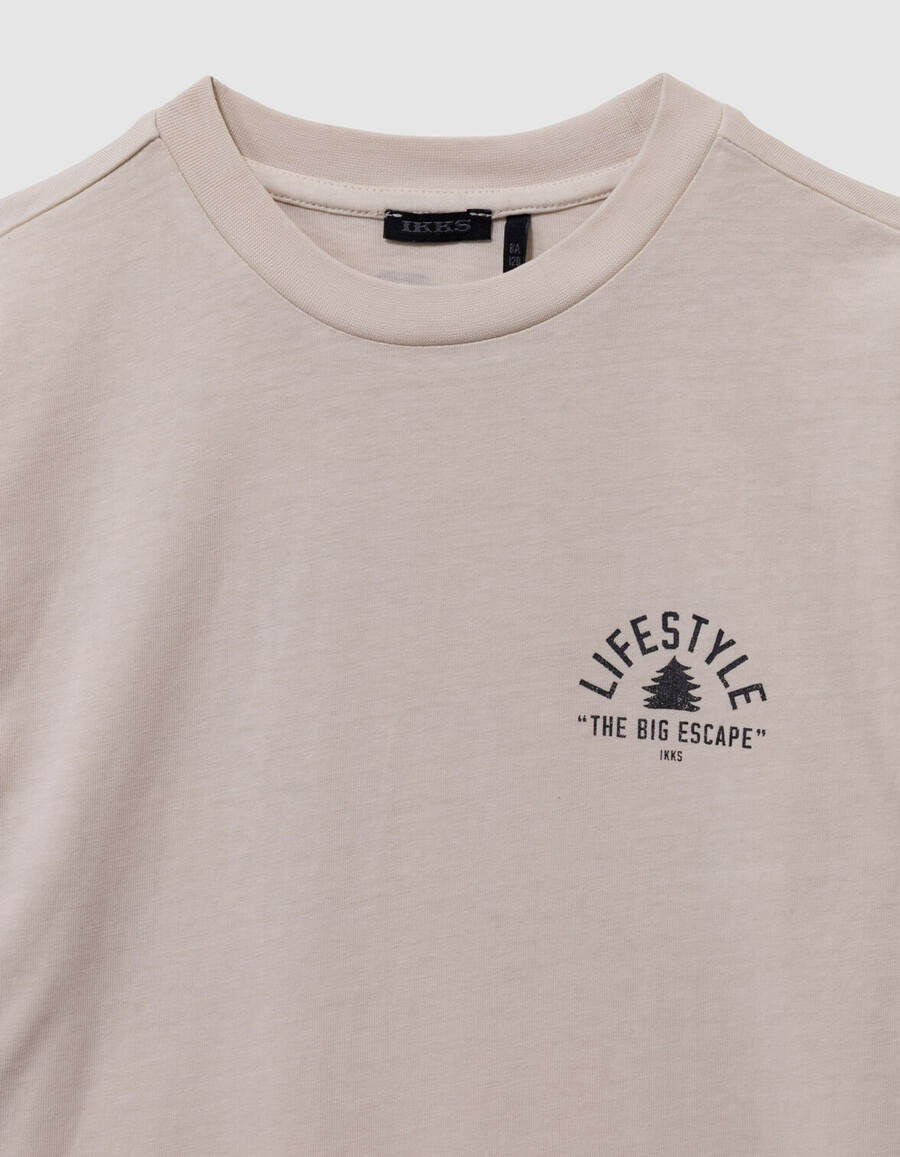 t-shirt beige in cotone biologico per bambini con stampa xl sul retro