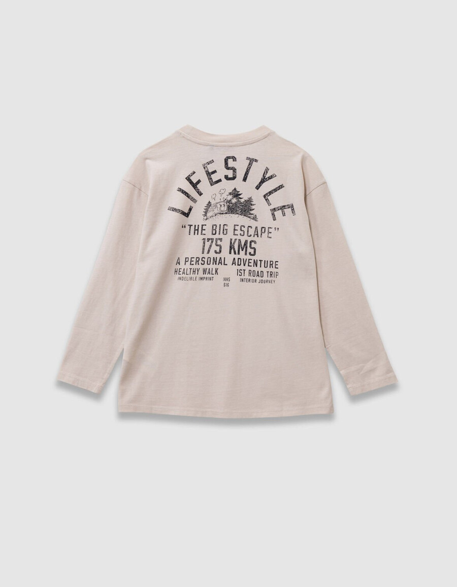 t-shirt beige in cotone biologico per bambini con stampa xl sul retro