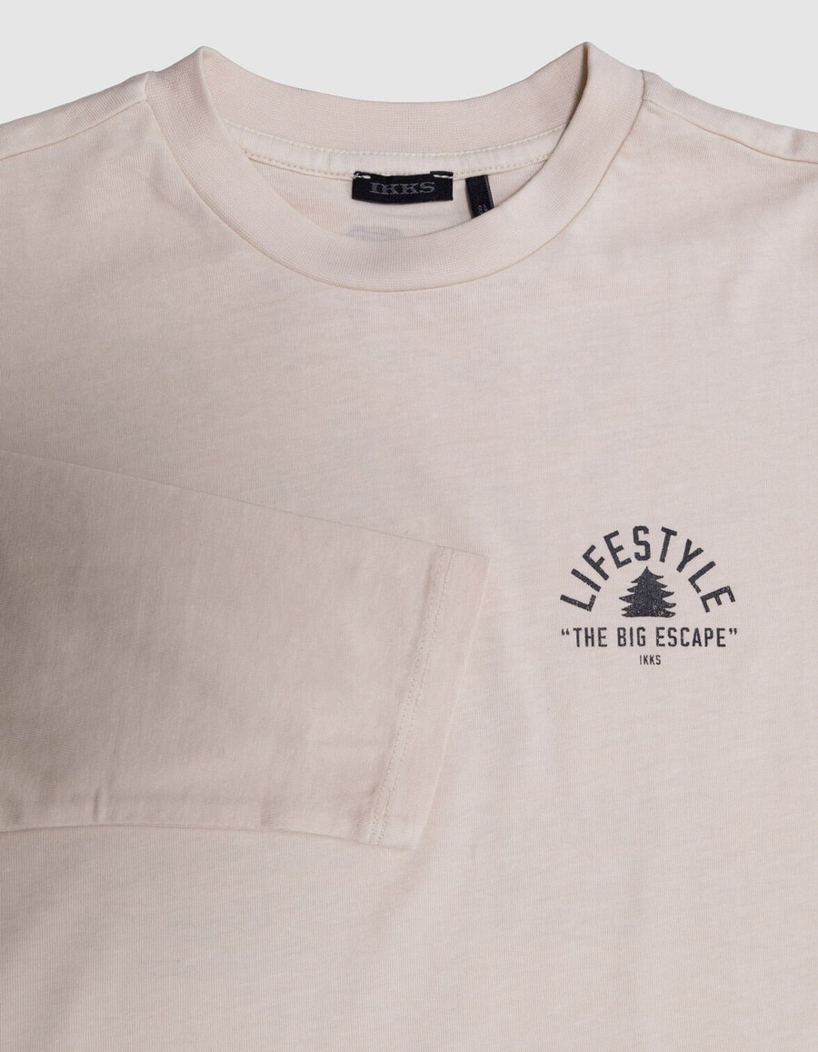 t-shirt beige in cotone biologico per bambini con stampa xl sul retro