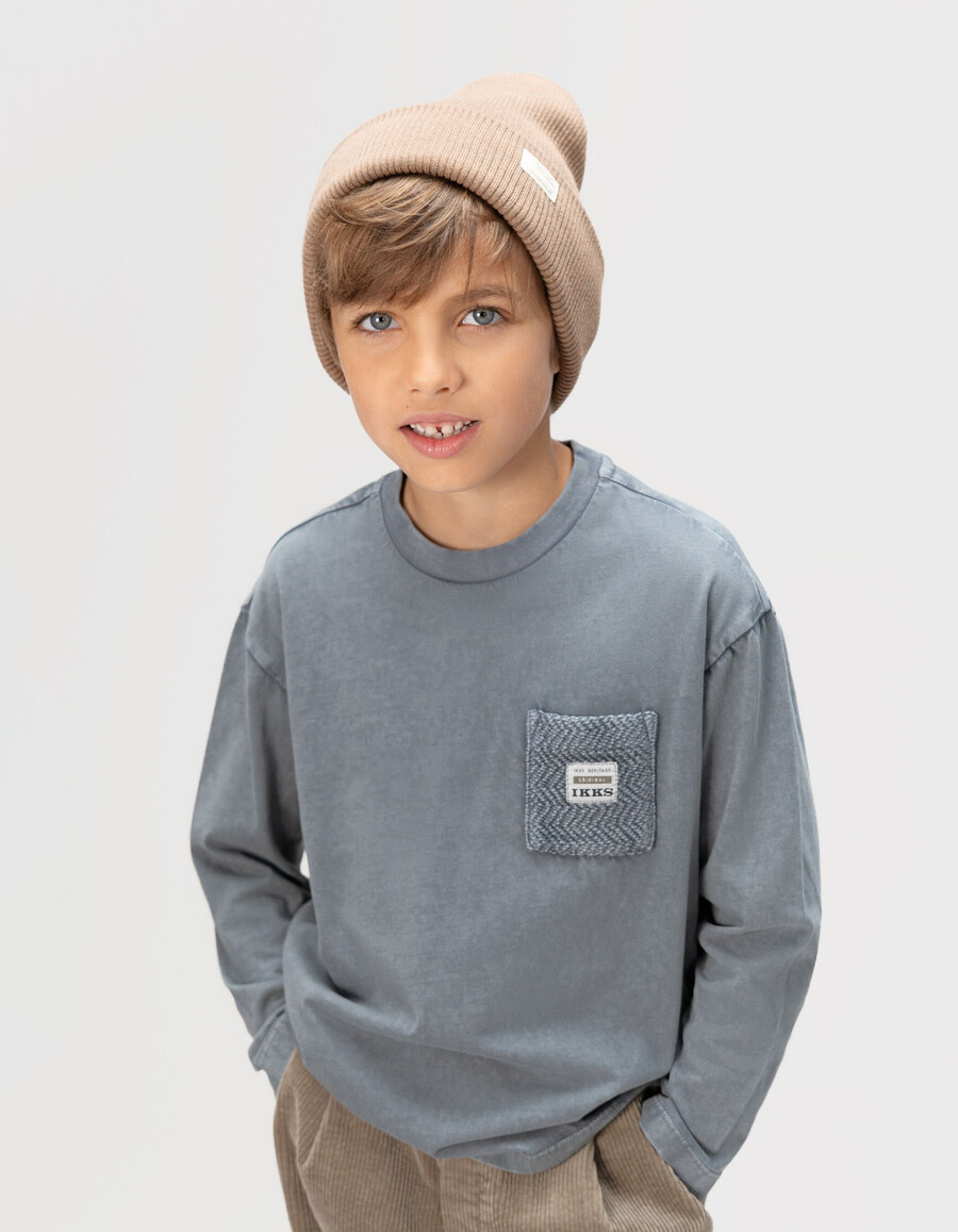 maglietta a maniche lunghe in cotone biologico blu per bambini tasca in maglia