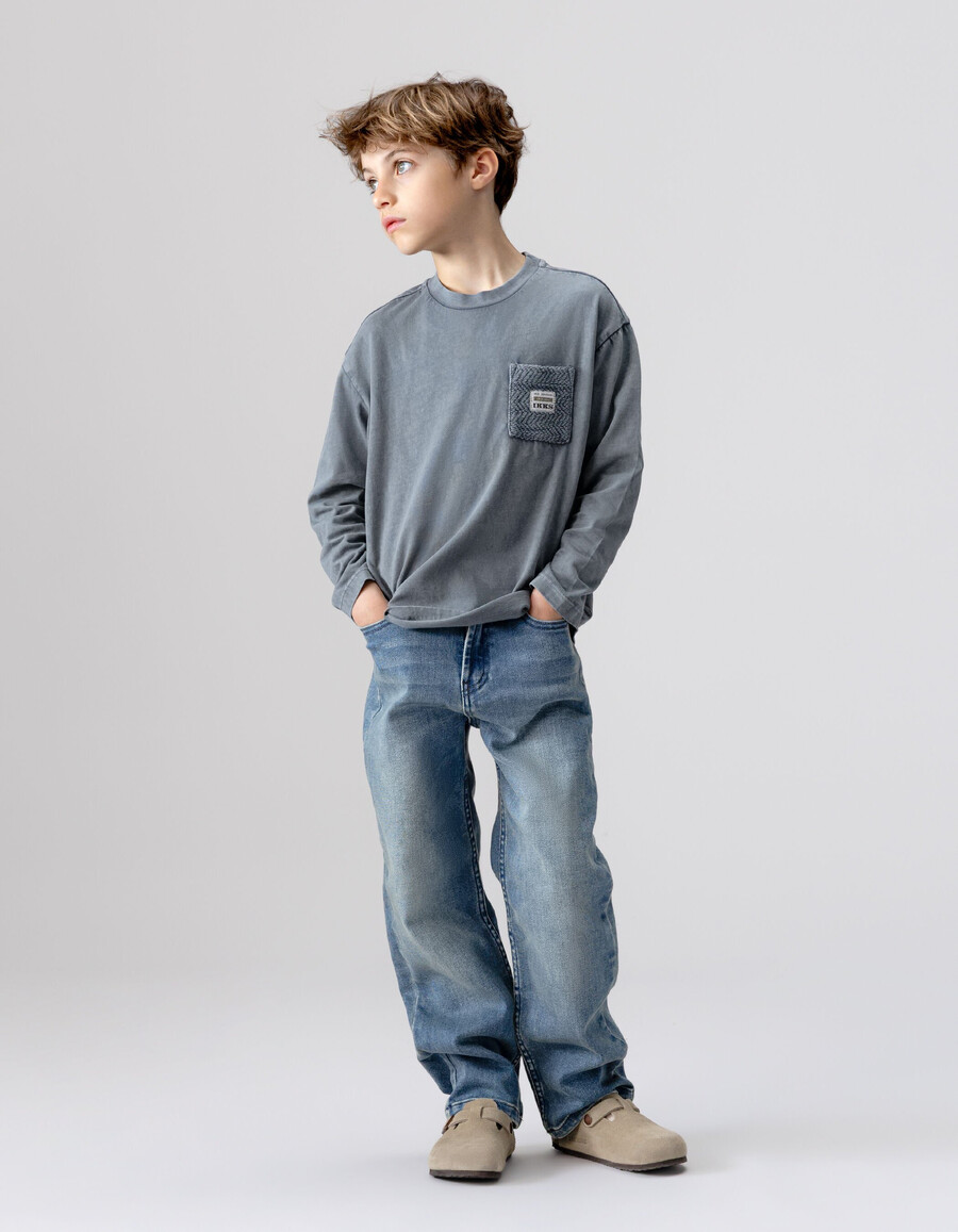 maglietta a maniche lunghe in cotone biologico blu per bambini tasca in maglia