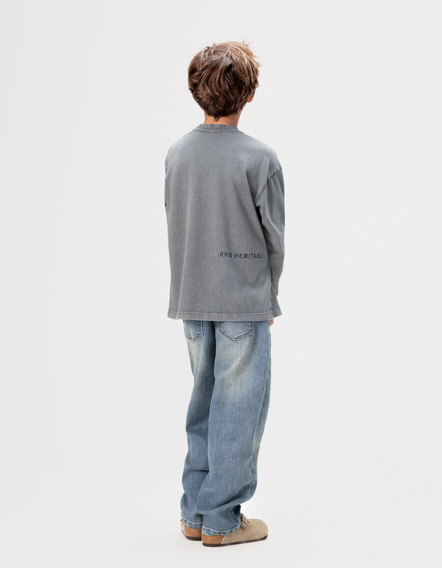 maglietta a maniche lunghe in cotone biologico blu per bambini tasca in maglia