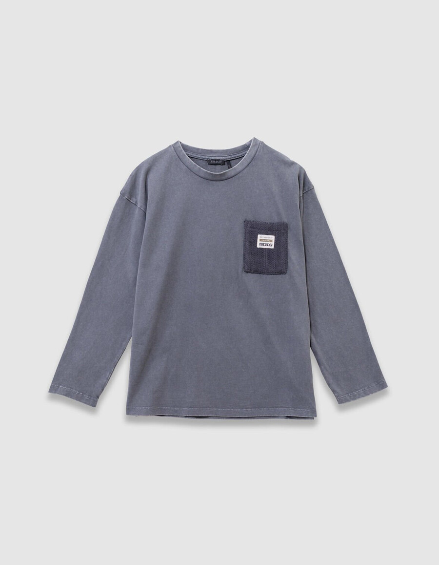 maglietta a maniche lunghe in cotone biologico blu per bambini tasca in maglia