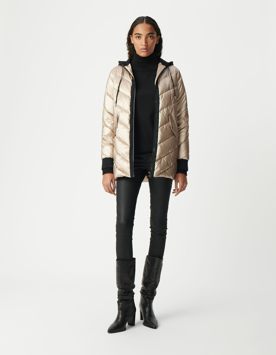 giacca imbottita da donna color oro con cappuccio in pile nero