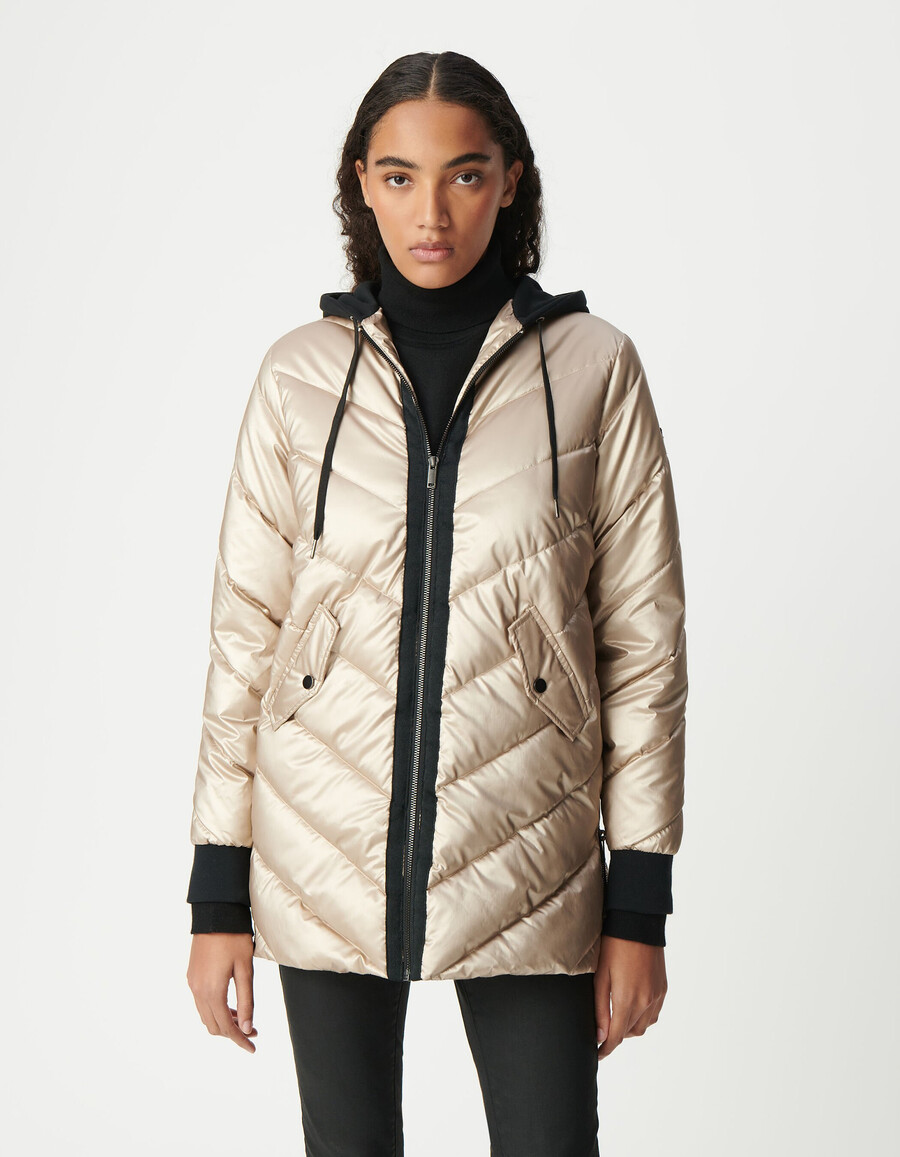 giacca imbottita da donna color oro con cappuccio in pile nero