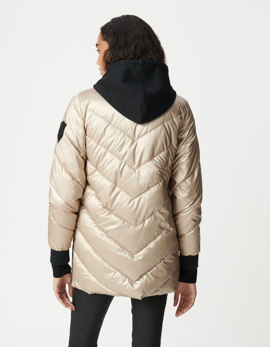 giacca imbottita da donna color oro con cappuccio in pile nero