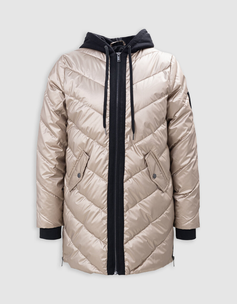 giacca imbottita da donna color oro con cappuccio in pile nero