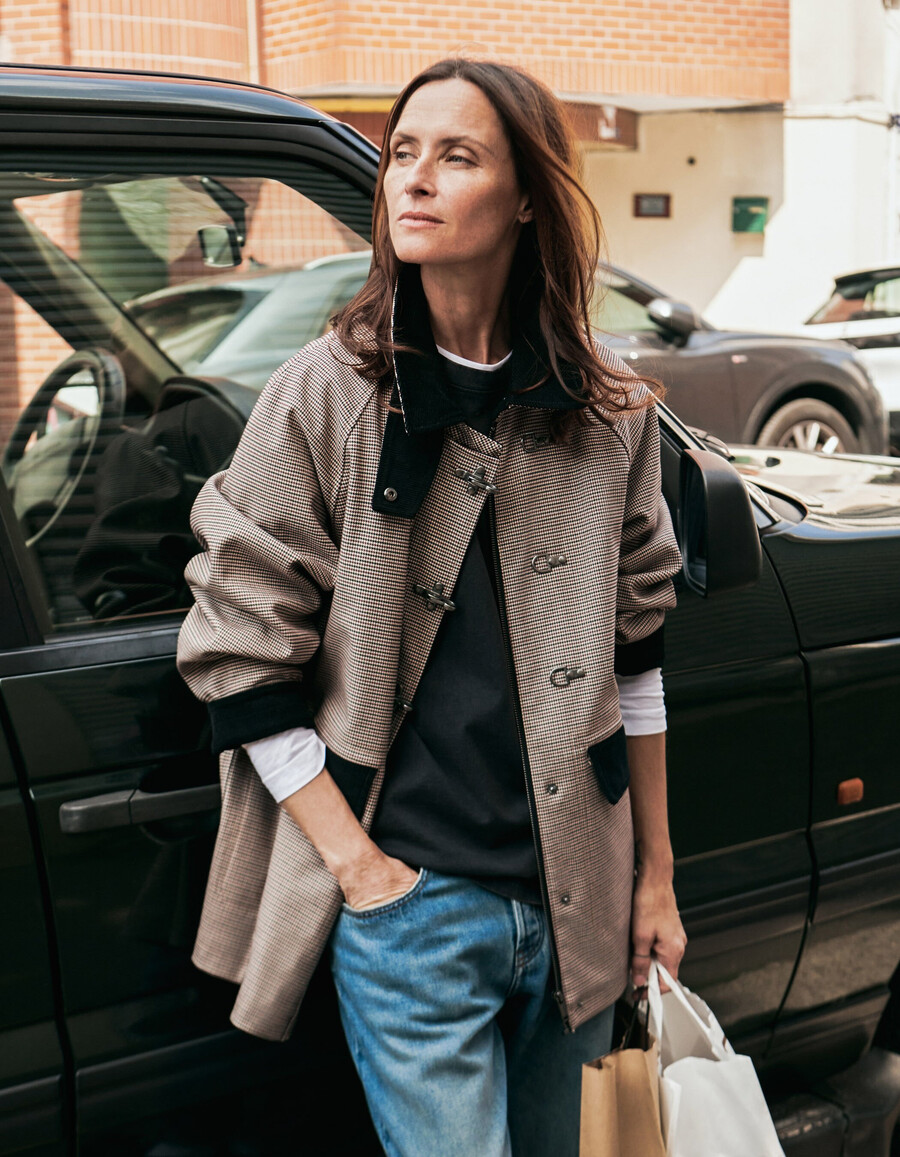 parka da donna in velluto e pied de poule bordeaux