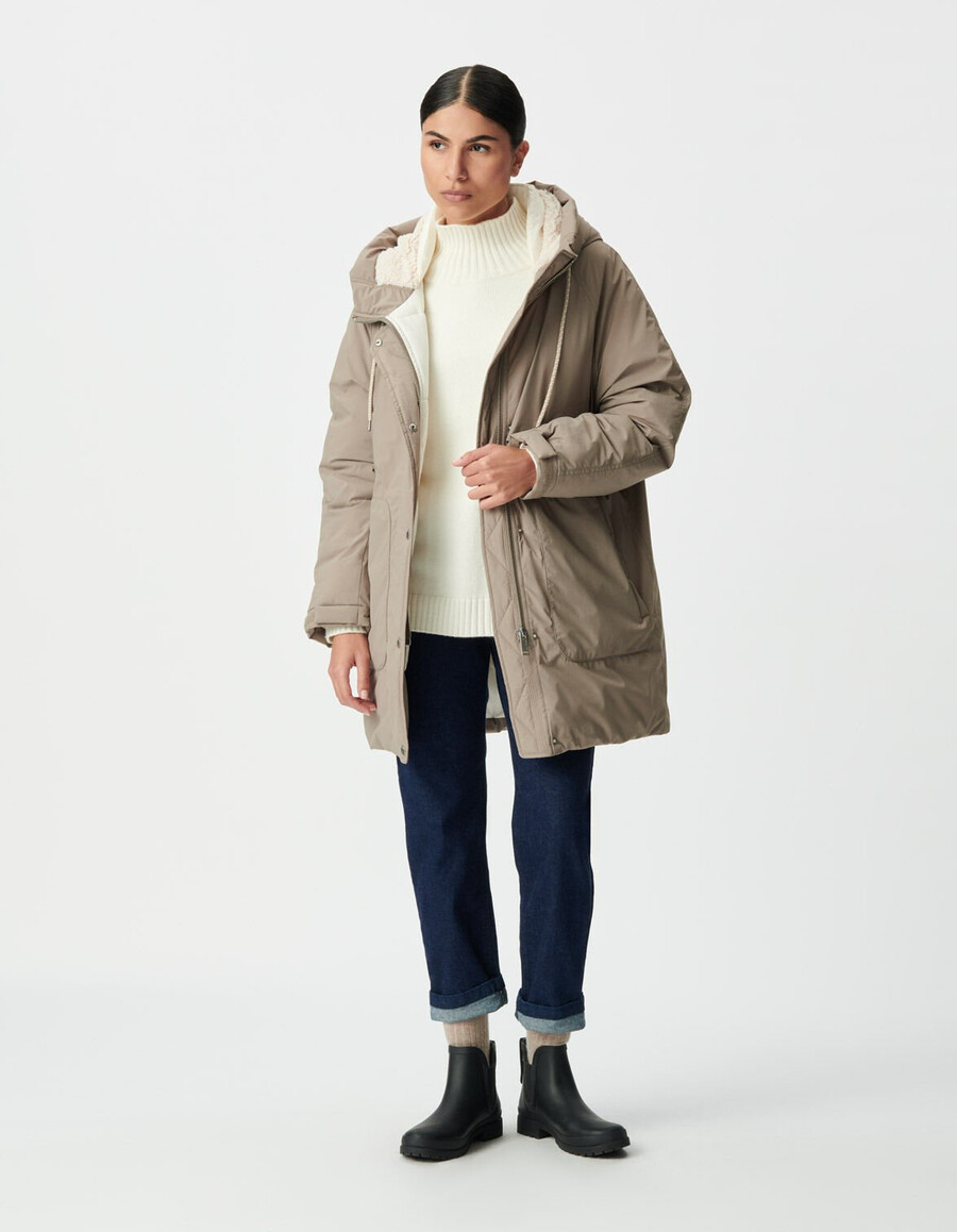 giacca imbottita beige da donna con cappuccio foderato in pelliccia