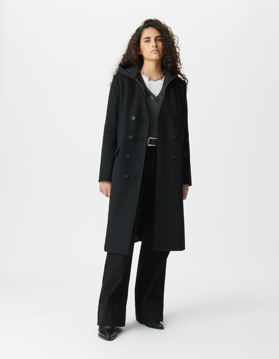 cappotto lungo nero da donna con cappuccio staccabile