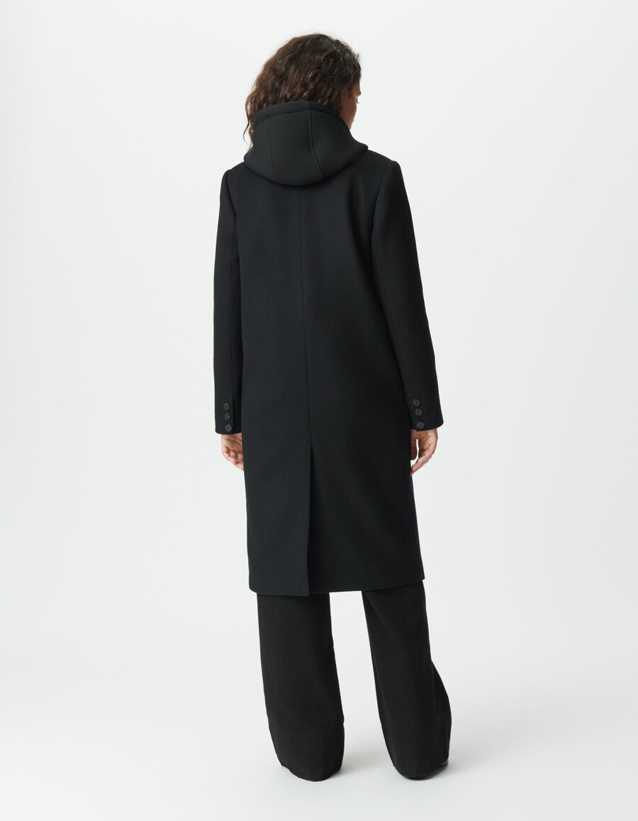 cappotto lungo nero da donna con cappuccio staccabile