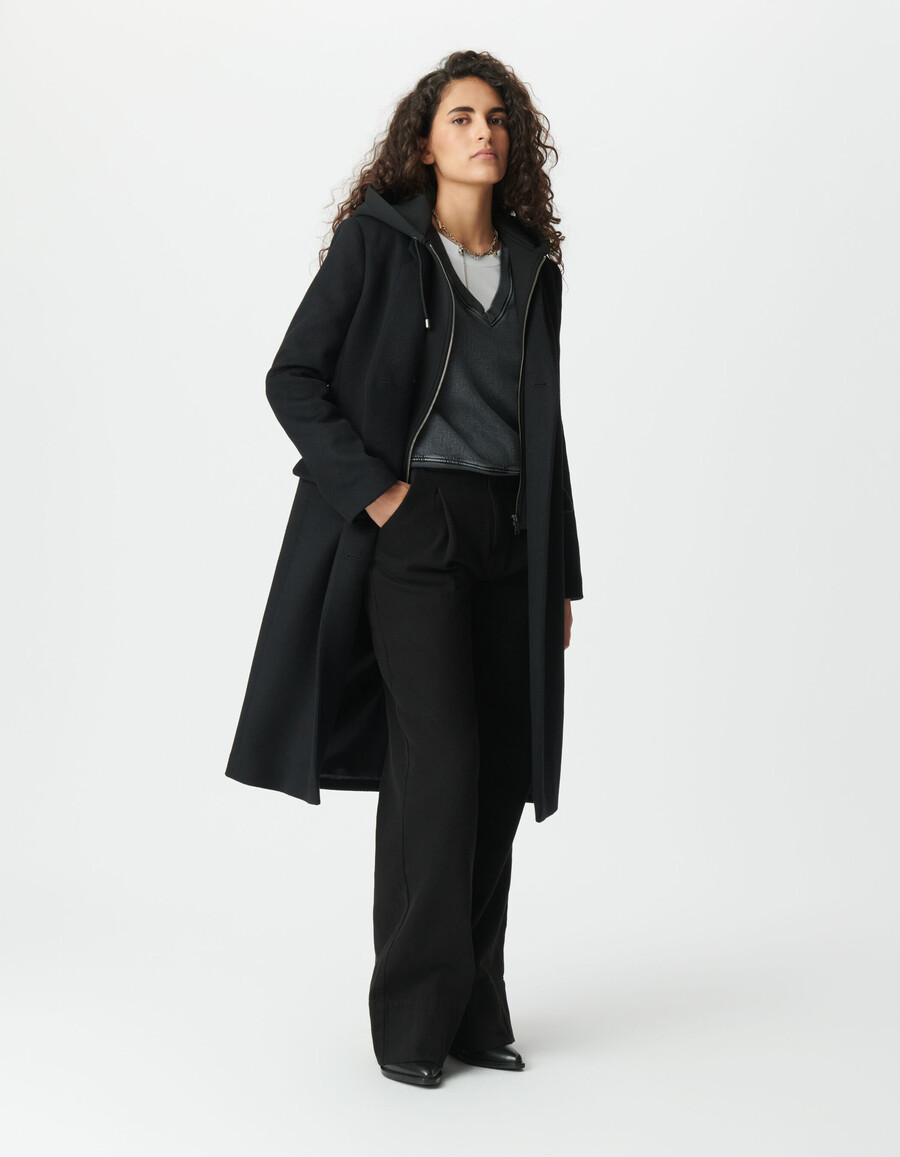 cappotto lungo nero da donna con cappuccio staccabile