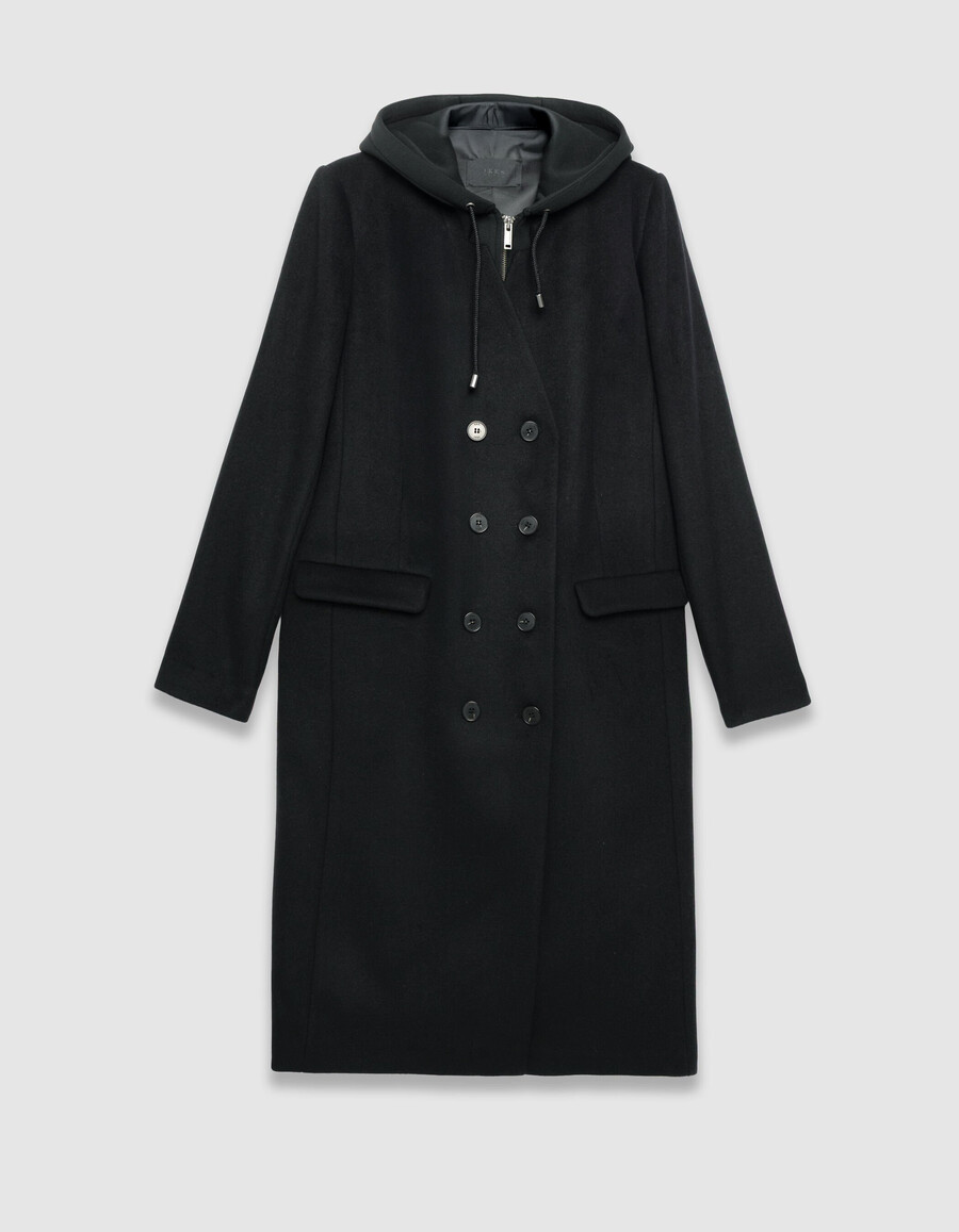 cappotto lungo nero da donna con cappuccio staccabile