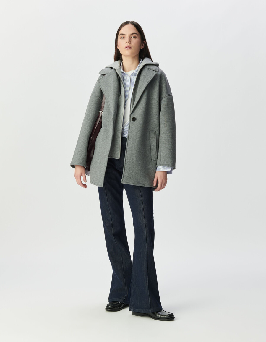 cappotto grigio da donna con cappuccio staccabile