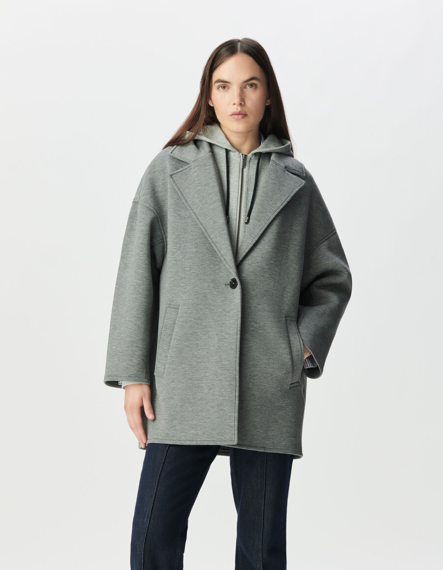 cappotto grigio da donna con cappuccio staccabile