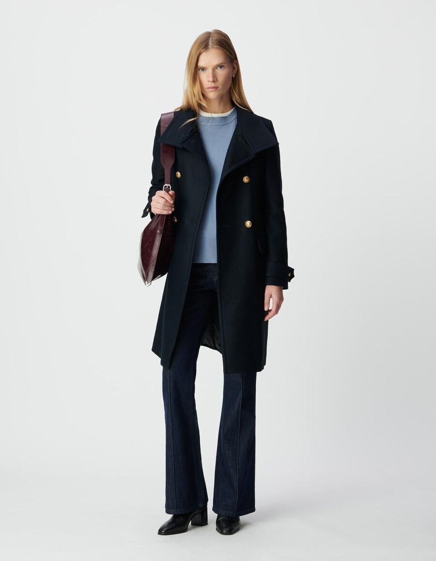 cappotto da donna blu navy con bottoni incisi