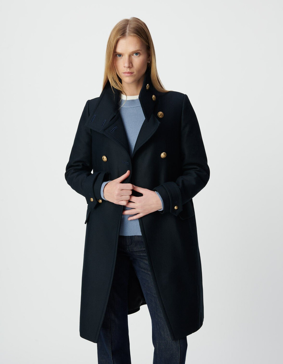 cappotto da donna blu navy con bottoni incisi