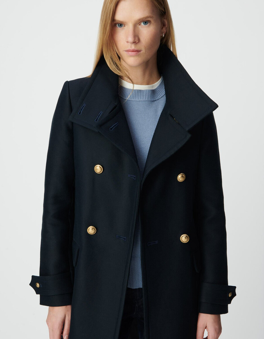 cappotto da donna blu navy con bottoni incisi