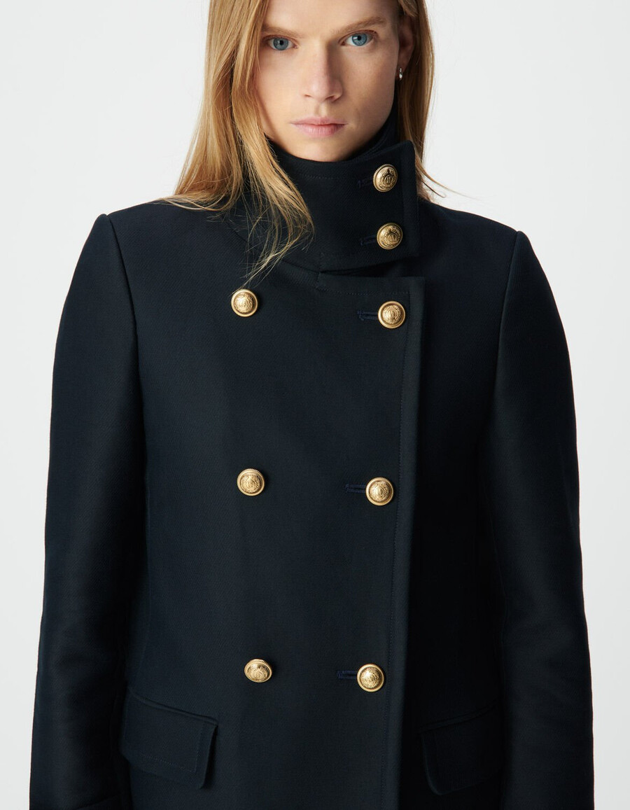 cappotto da donna blu navy con bottoni incisi