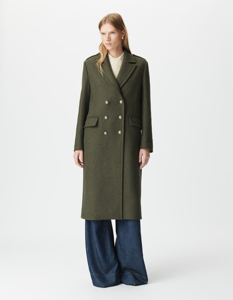 cappotto lungo color cachi da donna con bottoni incisi