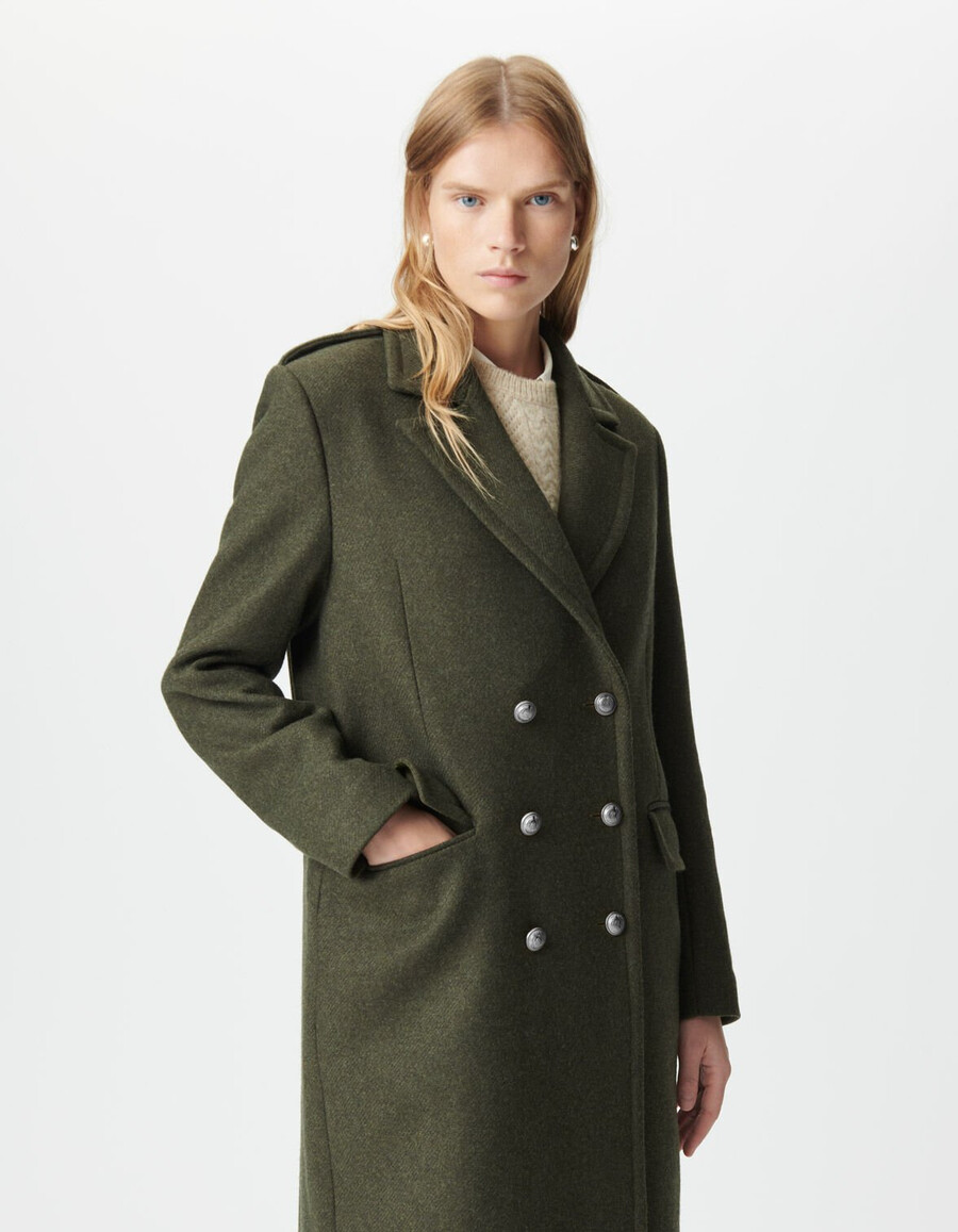 cappotto lungo color cachi da donna con bottoni incisi