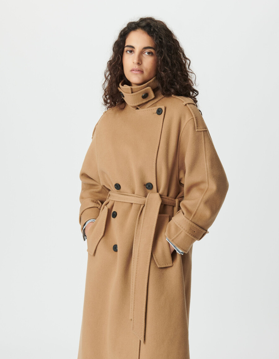 cappotto lungo da donna in lana color cammello stile trench