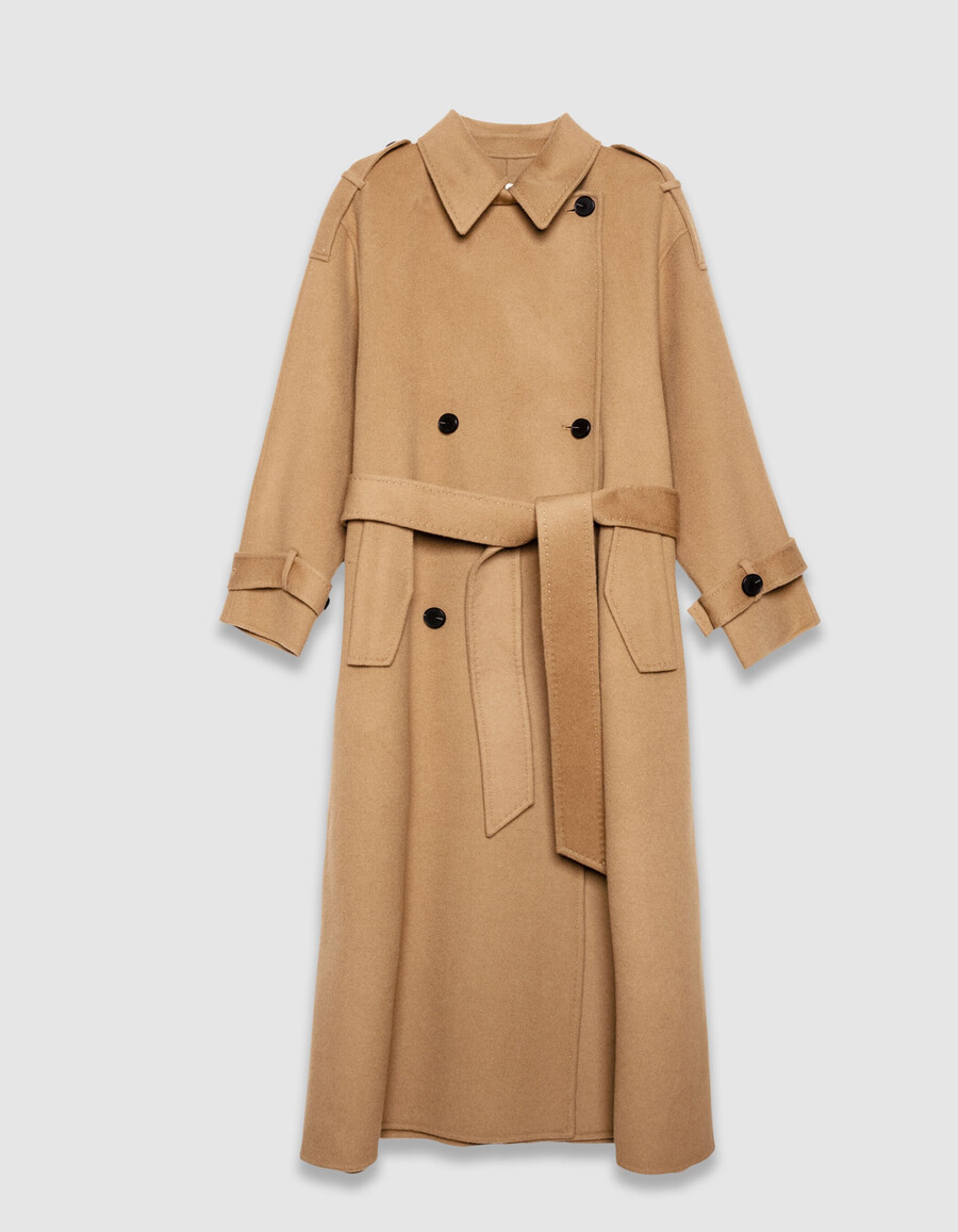 cappotto lungo da donna in lana color cammello stile trench
