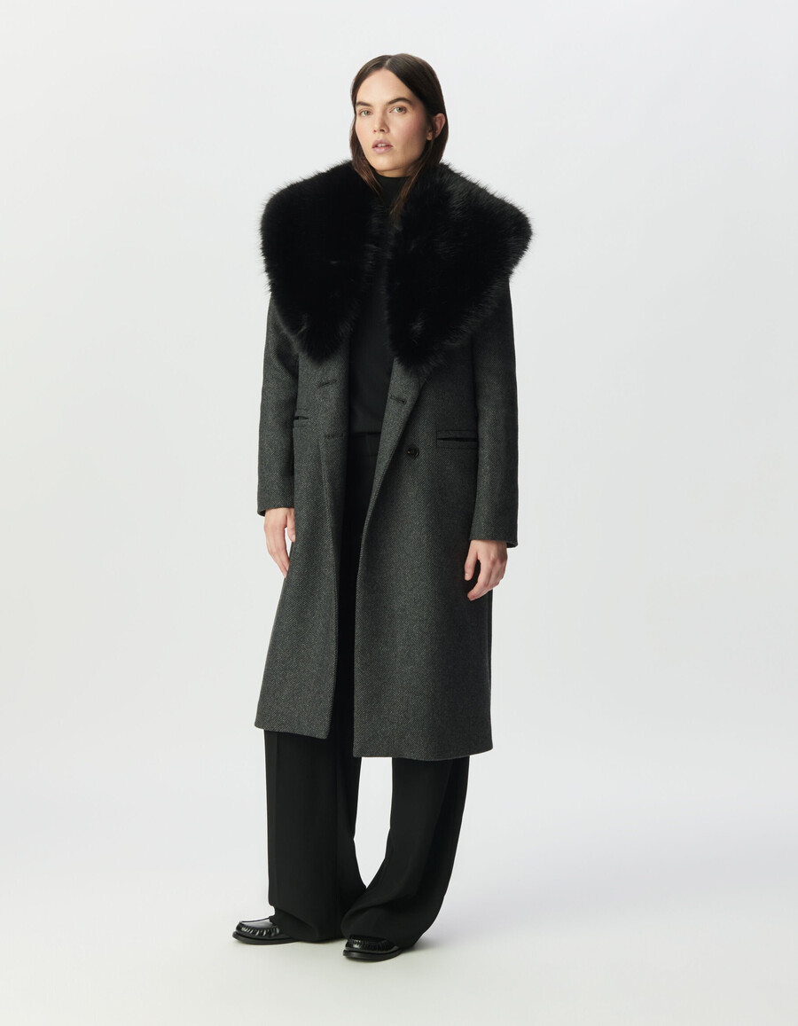 cappotto dritto grigio da donna collo in pelliccia nera staccabile