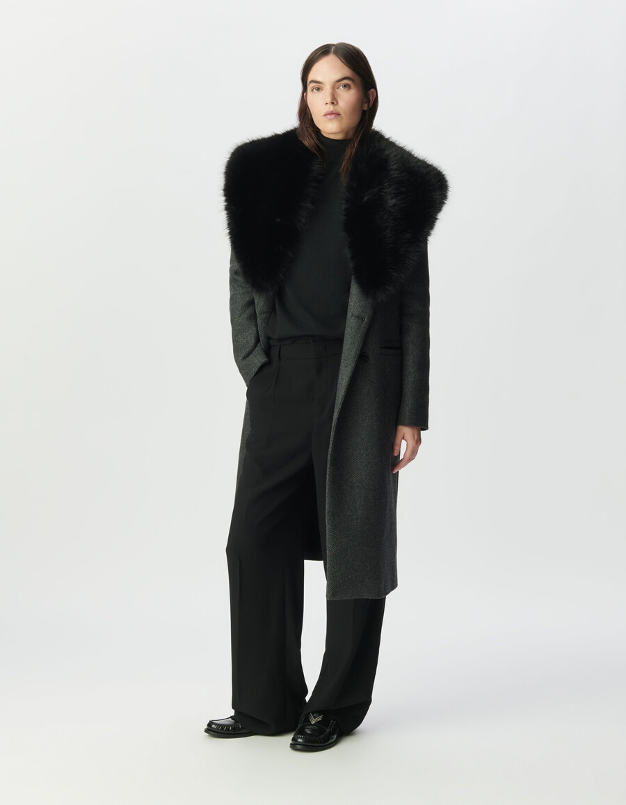 cappotto dritto grigio da donna collo in pelliccia nera staccabile