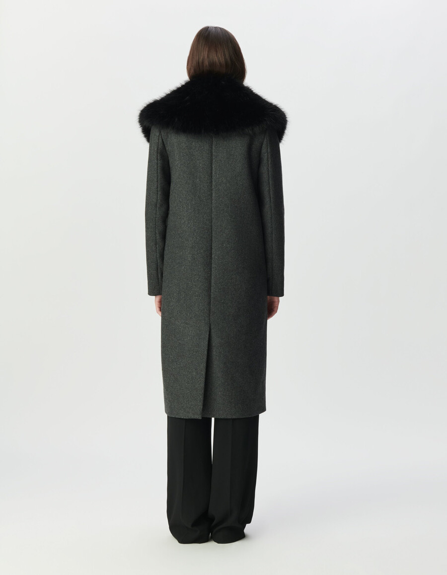 cappotto dritto grigio da donna collo in pelliccia nera staccabile