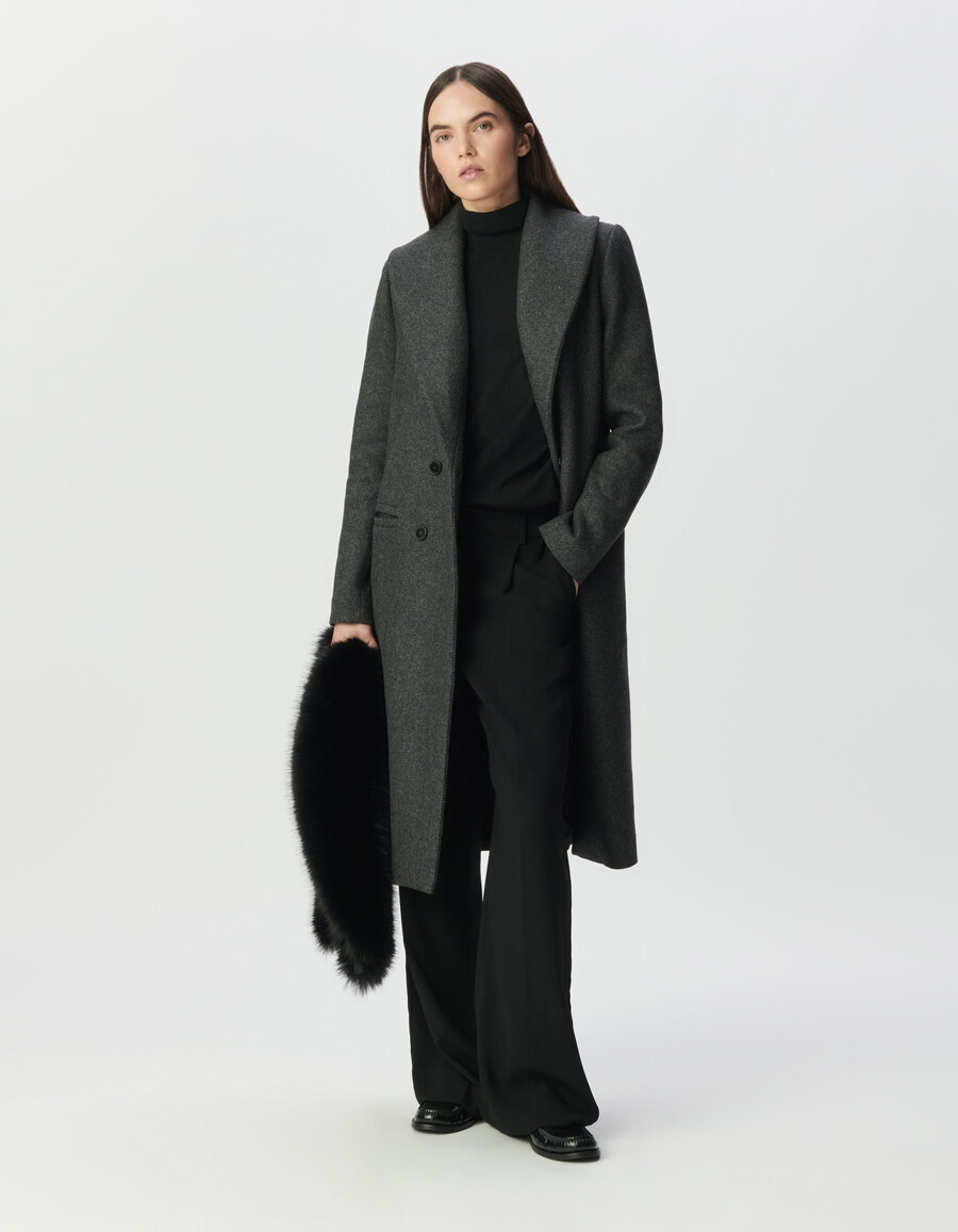 cappotto dritto grigio da donna collo in pelliccia nera staccabile