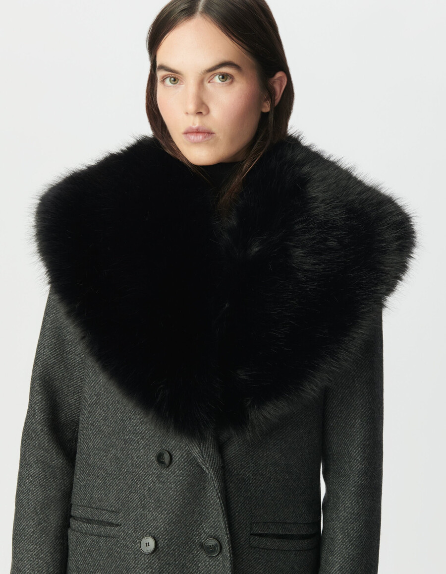 cappotto dritto grigio da donna collo in pelliccia nera staccabile