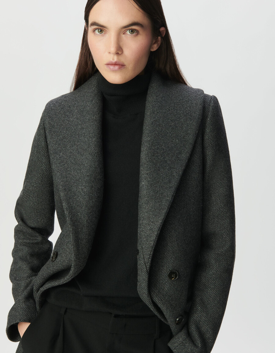 cappotto dritto grigio da donna collo in pelliccia nera staccabile