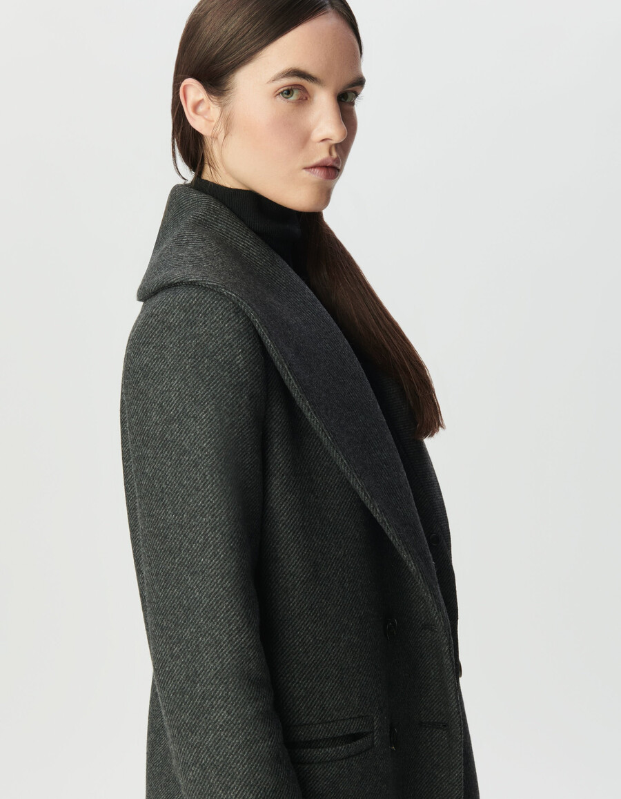 cappotto dritto grigio da donna collo in pelliccia nera staccabile