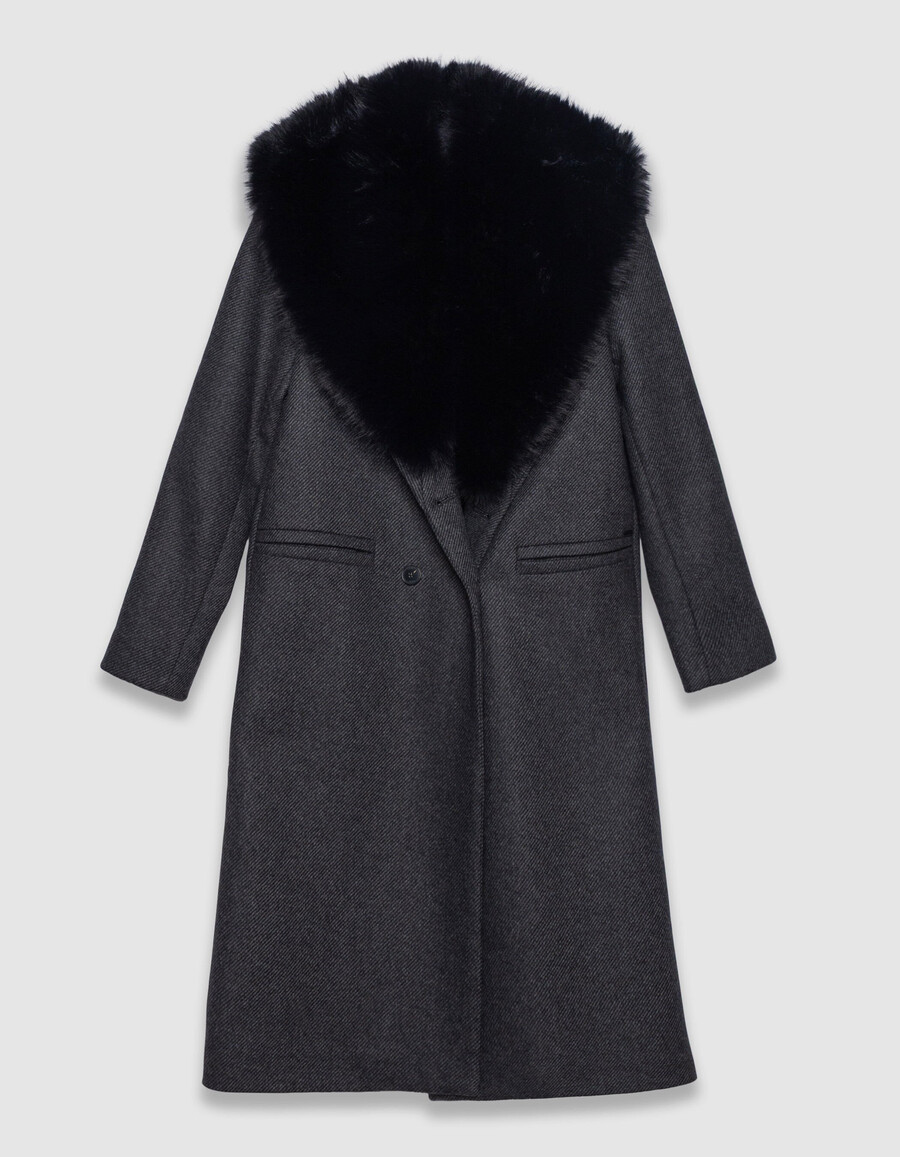 cappotto dritto grigio da donna collo in pelliccia nera staccabile