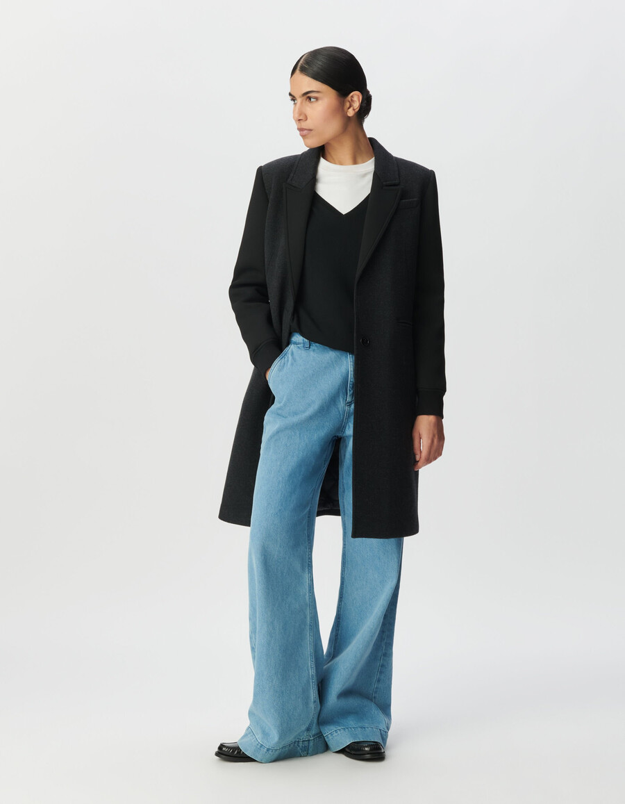cappotto da donna in tessuto misto grigio con maniche nere