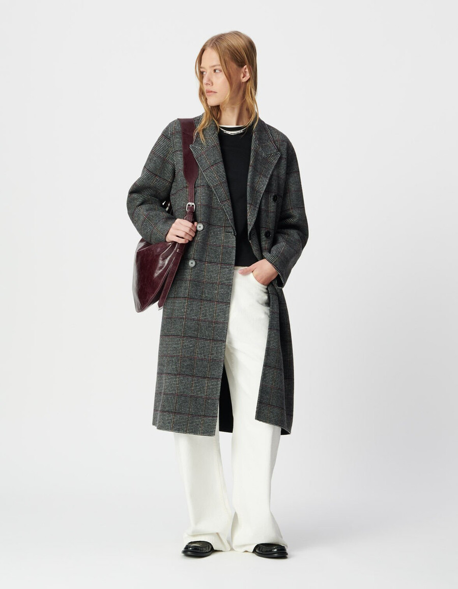 cappotto lungo doppiopetto a quadri grigi da donna
