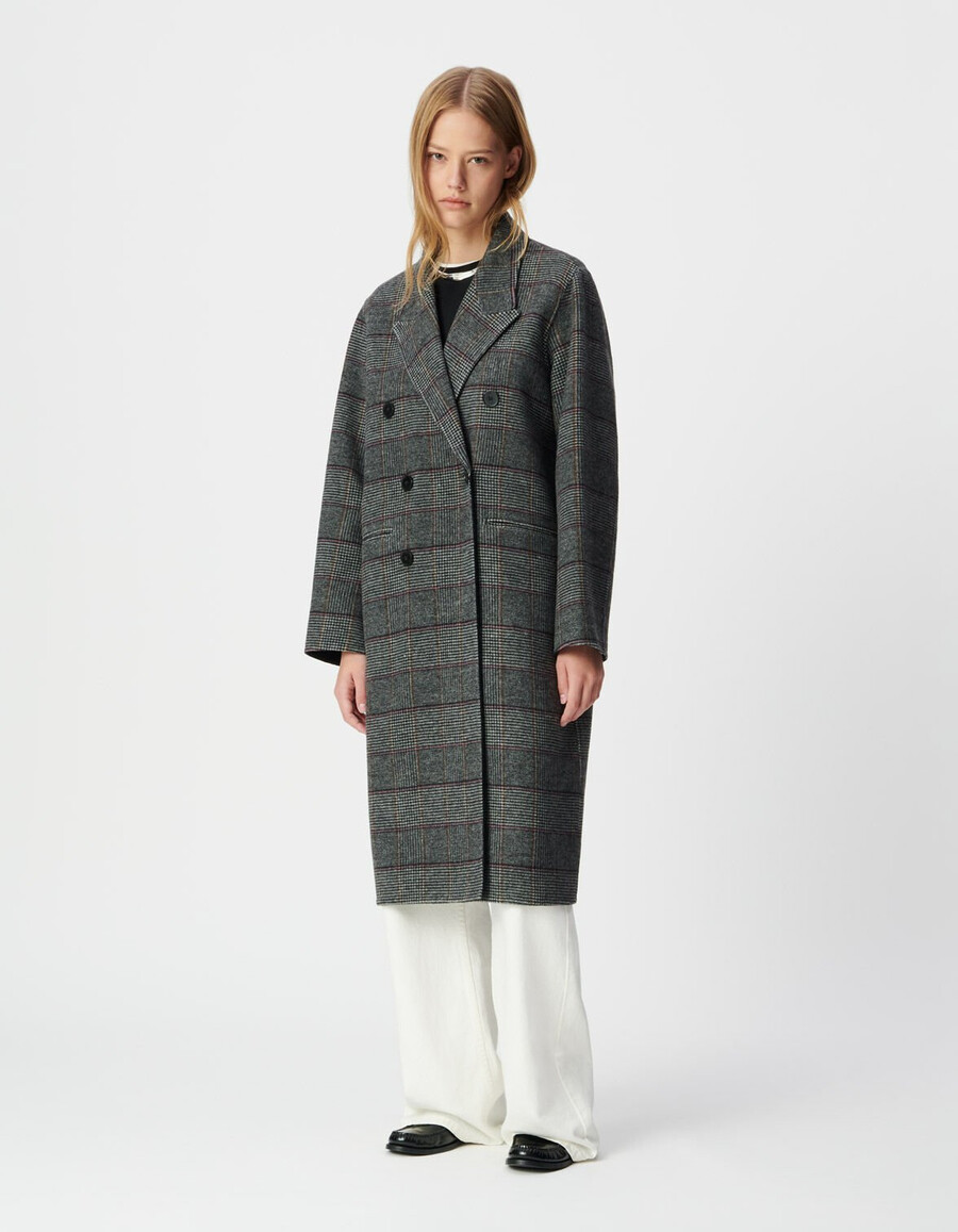 cappotto lungo doppiopetto a quadri grigi da donna