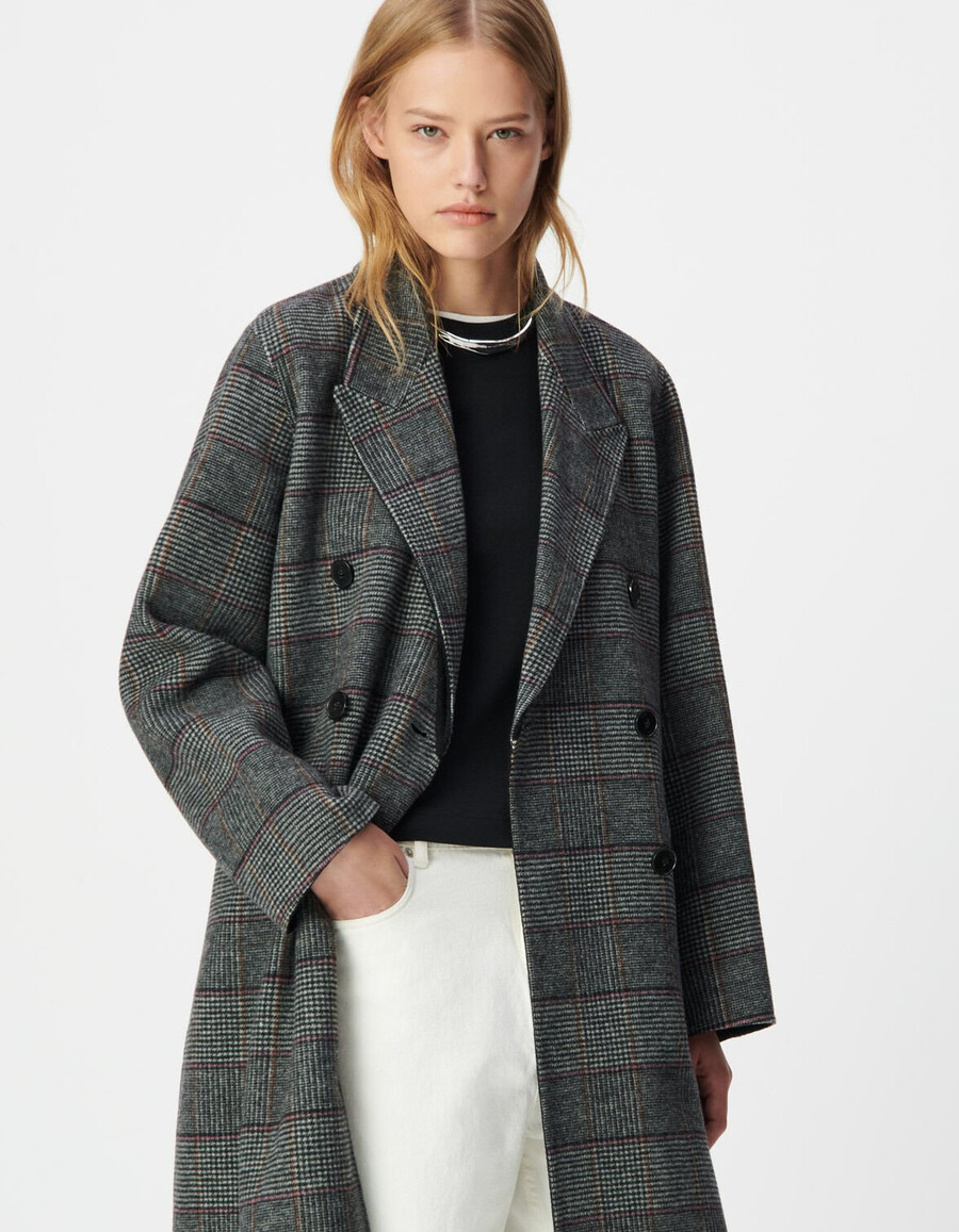 cappotto lungo doppiopetto a quadri grigi da donna