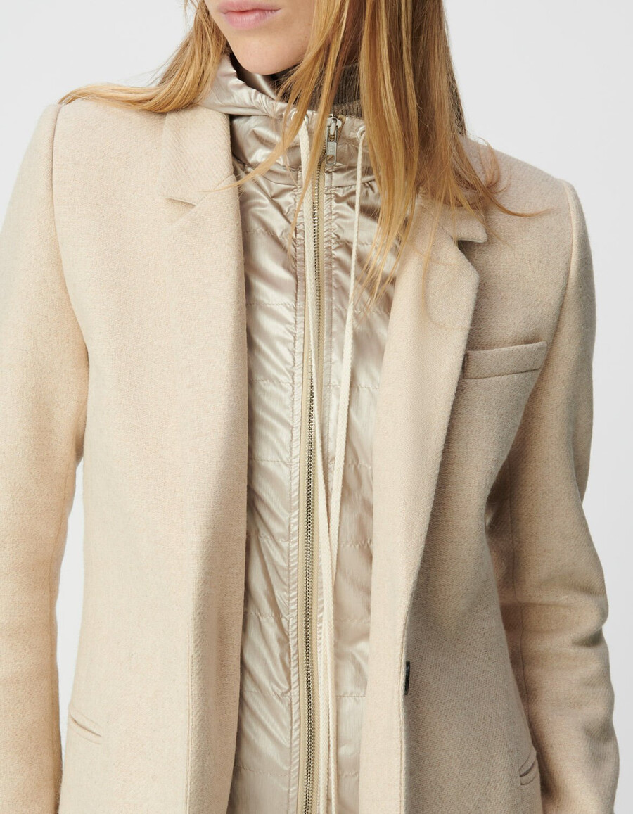 cappotto beige da donna con cappuccio staccabile